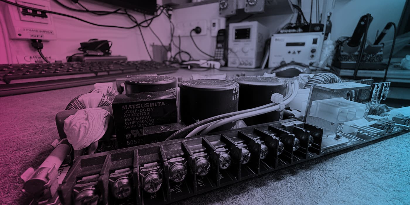 Industrial electronic components on a Precision Electronics workbench