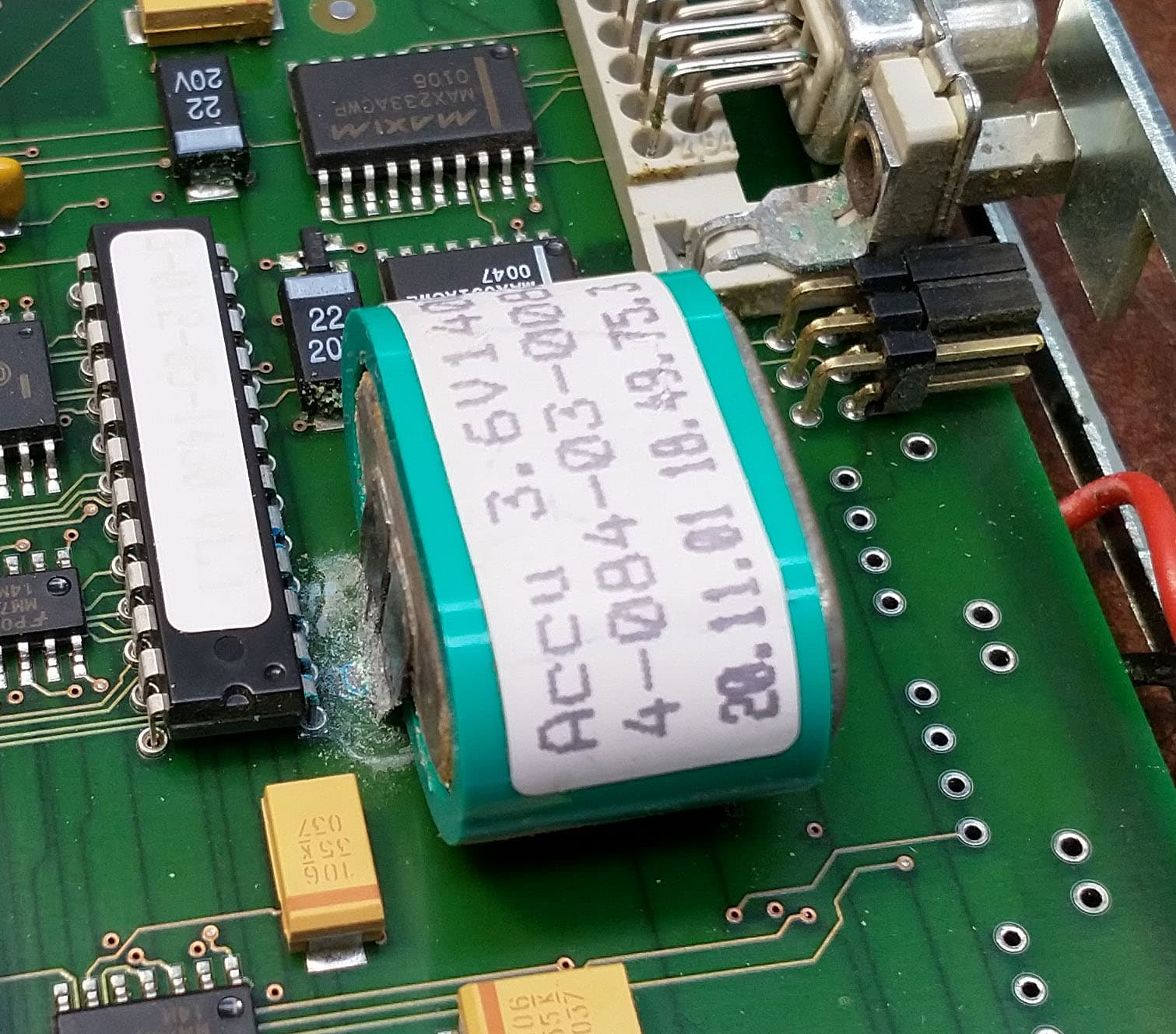 A 3.6V backup battery corroding the circuit board it is fitted to