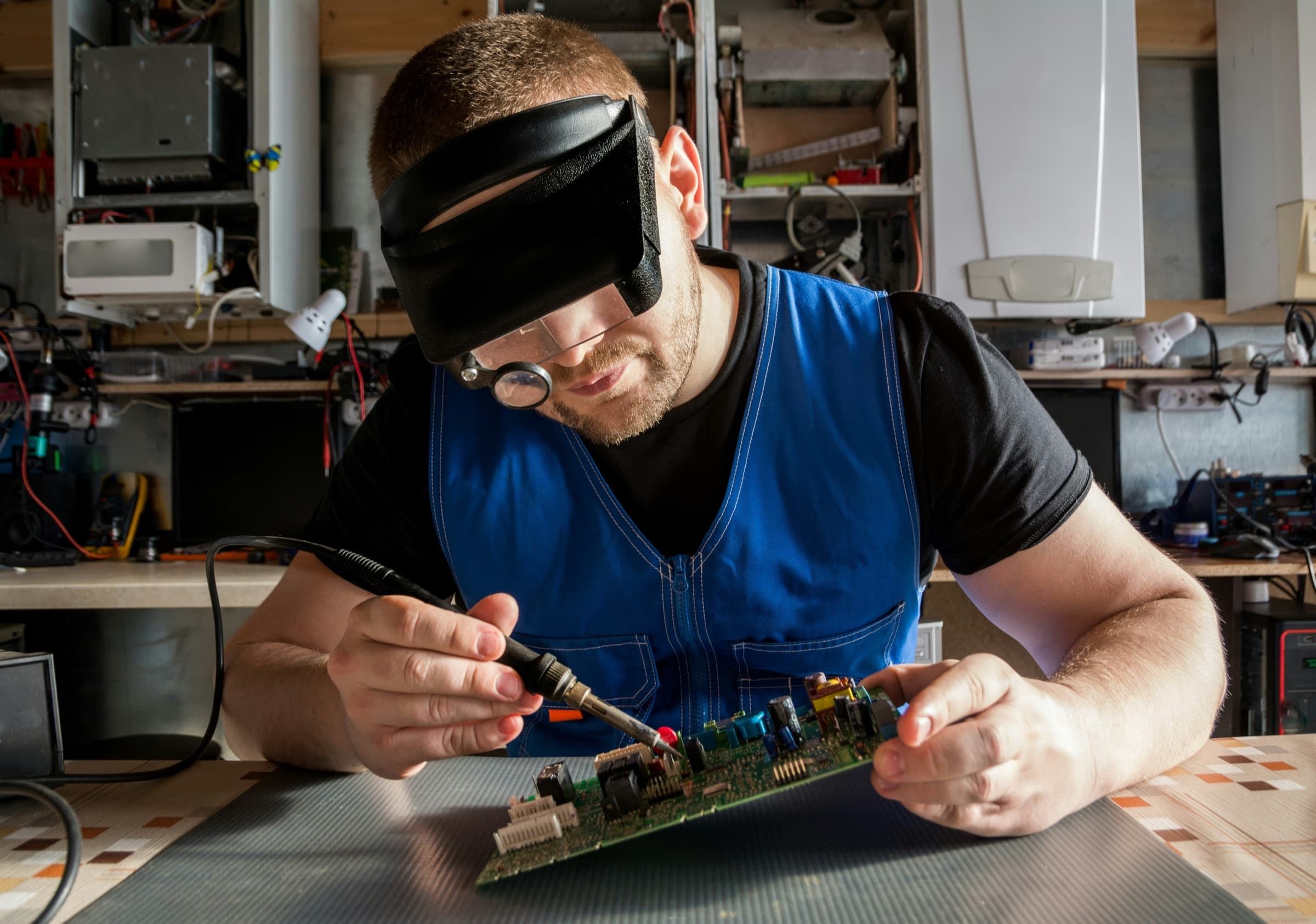 Precision Electronics technician repairing a circuit board at the workbench